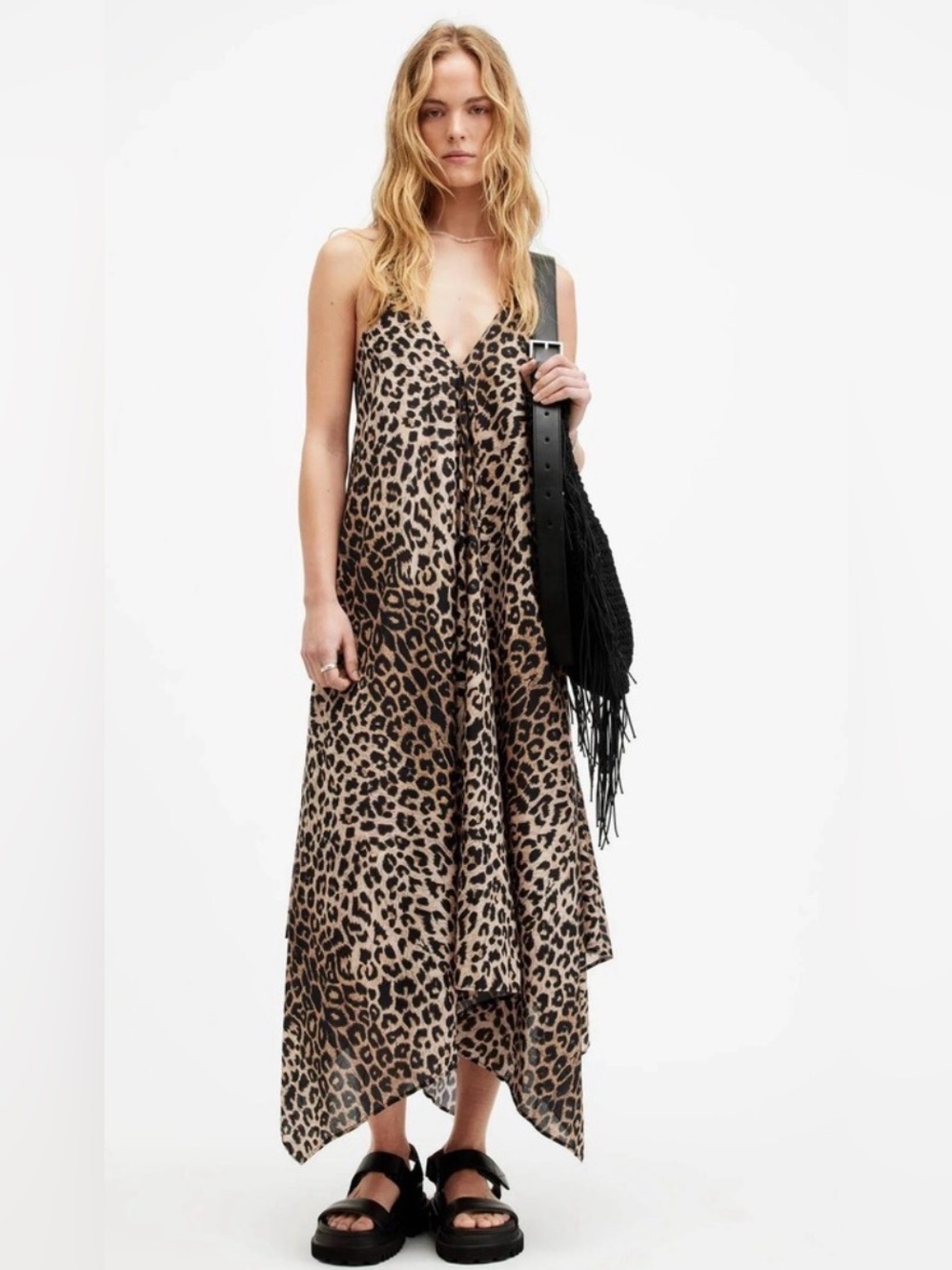 AllSaints Lil Leopard Cotton Asymmetric Maxi Dress Beachy Modern Indie Sleaze